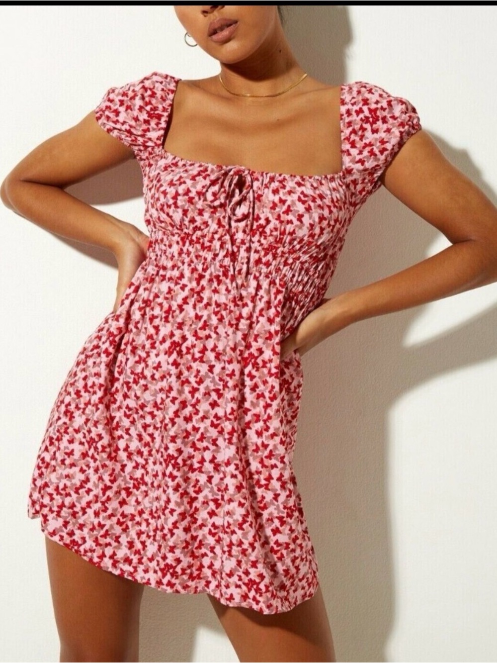 Motel Rocks Pink & Red Floral Square-Neck Mini Dress